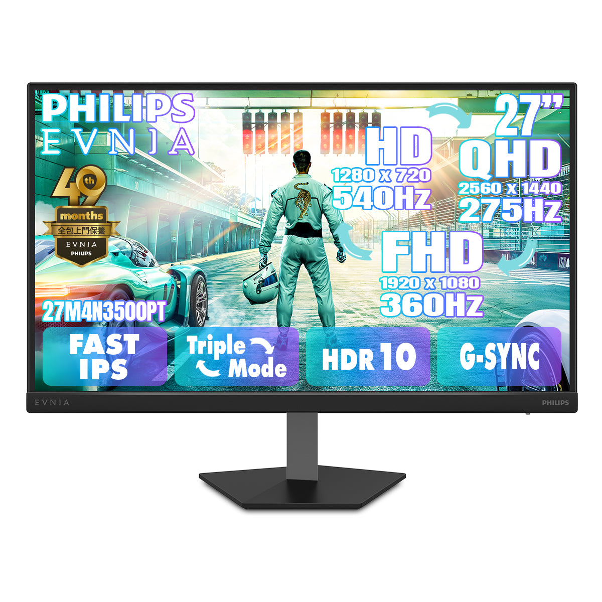 PHILIPS EVNIA 27" 2K QHD Fast IPS Triple-Mode (2K 275Hz ↔ FHD 360Hz ↔ HD 540Hz) Gaming Monitor 27M4N3500PT