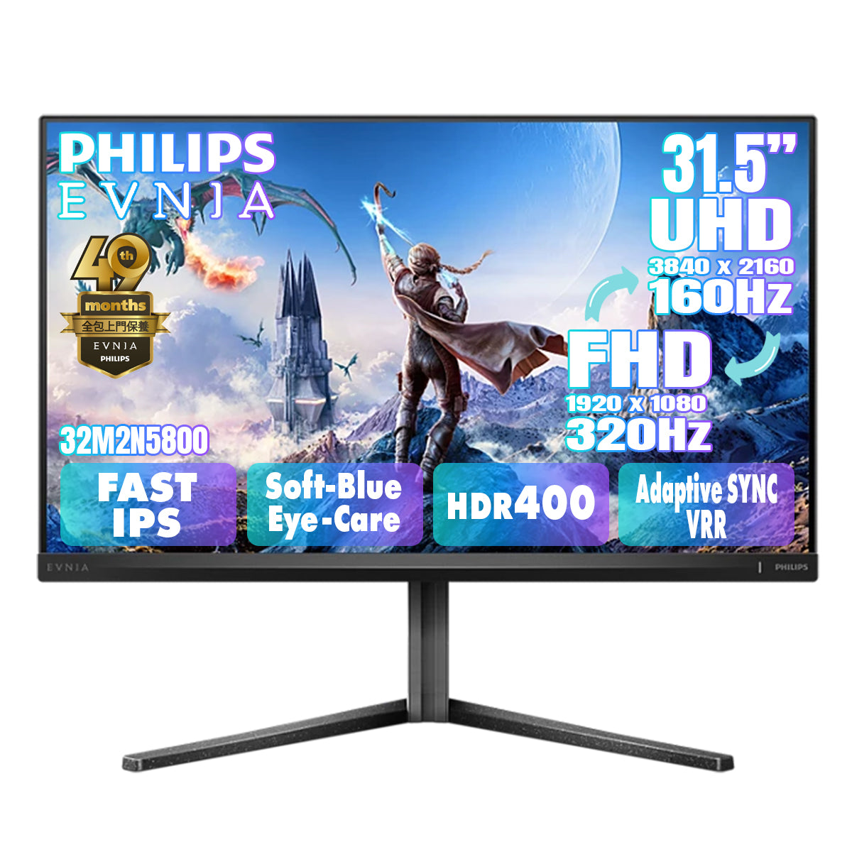 PHILIPS EVNIA 31.5" 4K UHD Fast IPS Dual-Mode (4K 160Hz ↔ FHD 320Hz) Gaming Monitor 32M2N5800