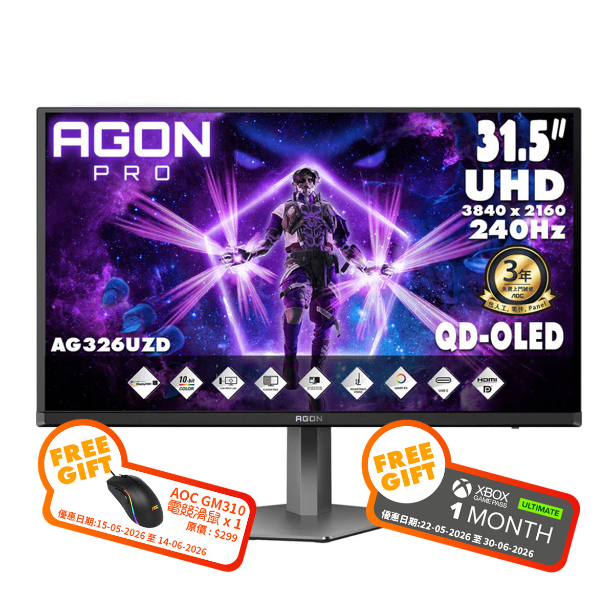 AOC AGON PRO 31.5" 4K UHD QD-OLED 240Hz Gaming Monitor AG326UZD