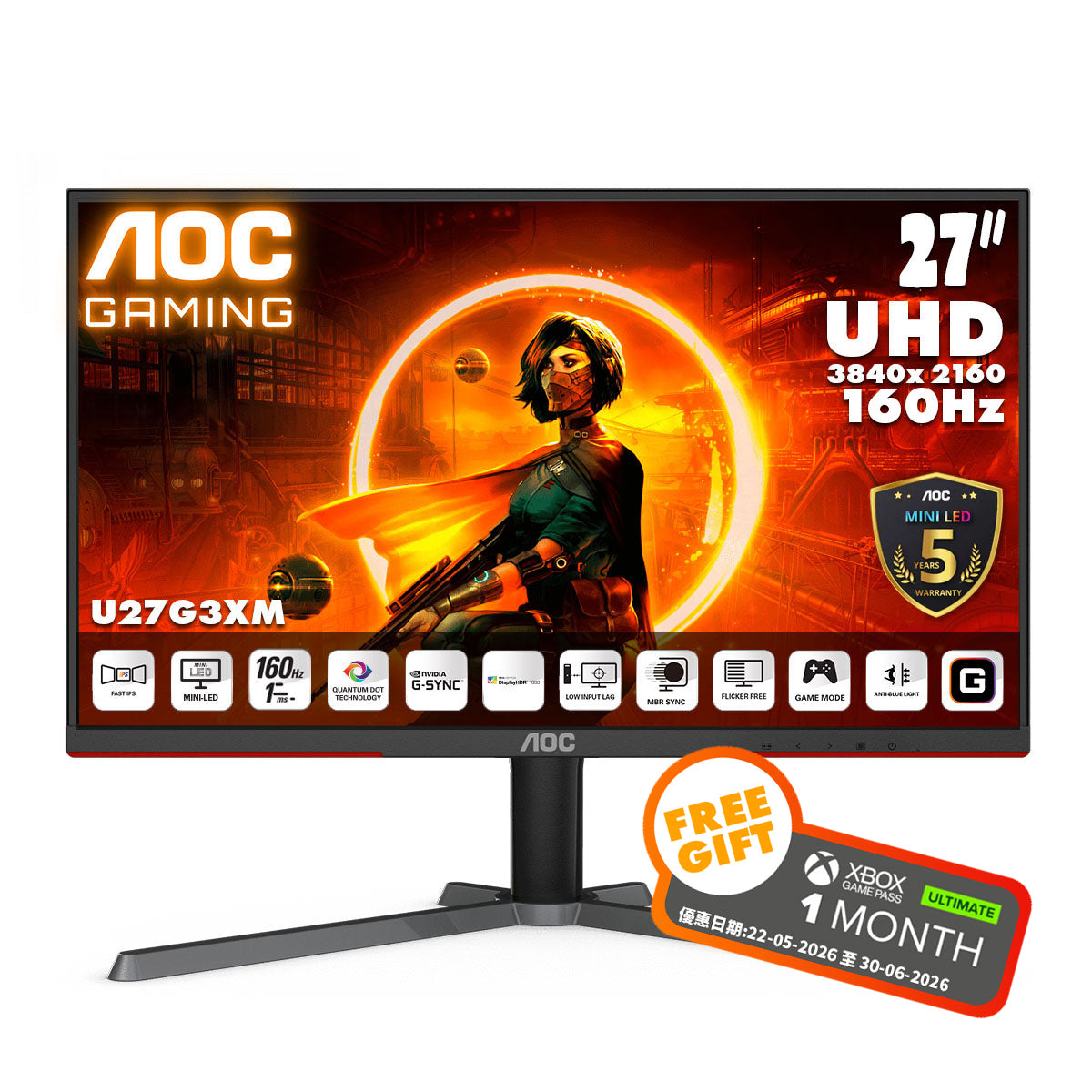 AOC 27" 4K UHD Fast IPS 160Hz Mini-LED 576-Zone Gaming Monitor U27G3XM