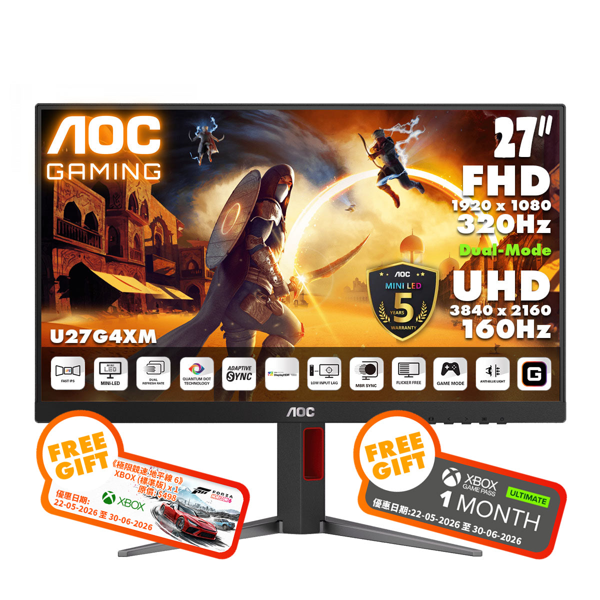 AOC 27" 4K UHD Fast IPS Mini-LED 1152 Zone Dual-Mode (4K 160Hz ↔ FHD 320Hz) Gaming Monitor U27G4XM
