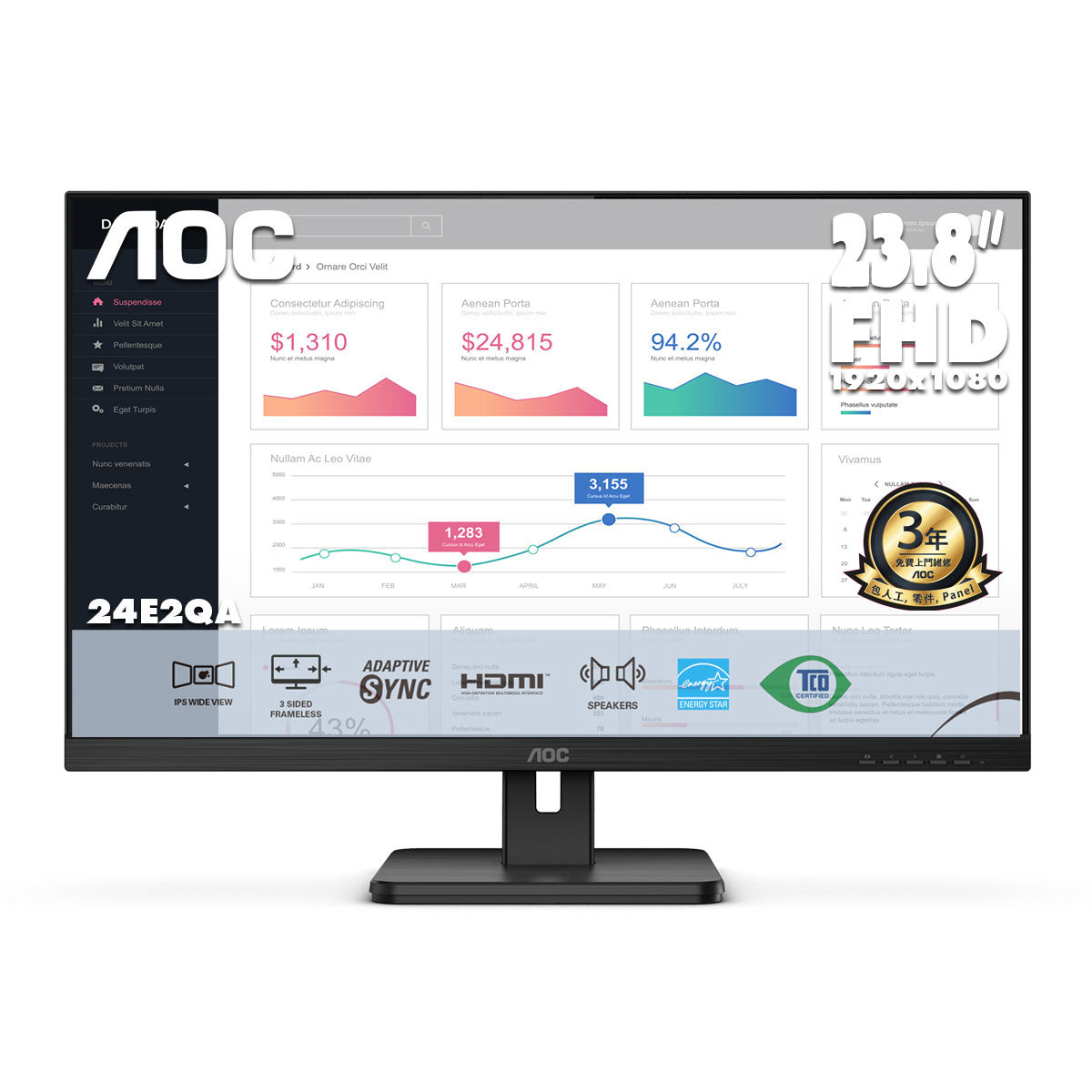AOC 23.8" FullHD IPS 75Hz Home Monitor 24E2QA