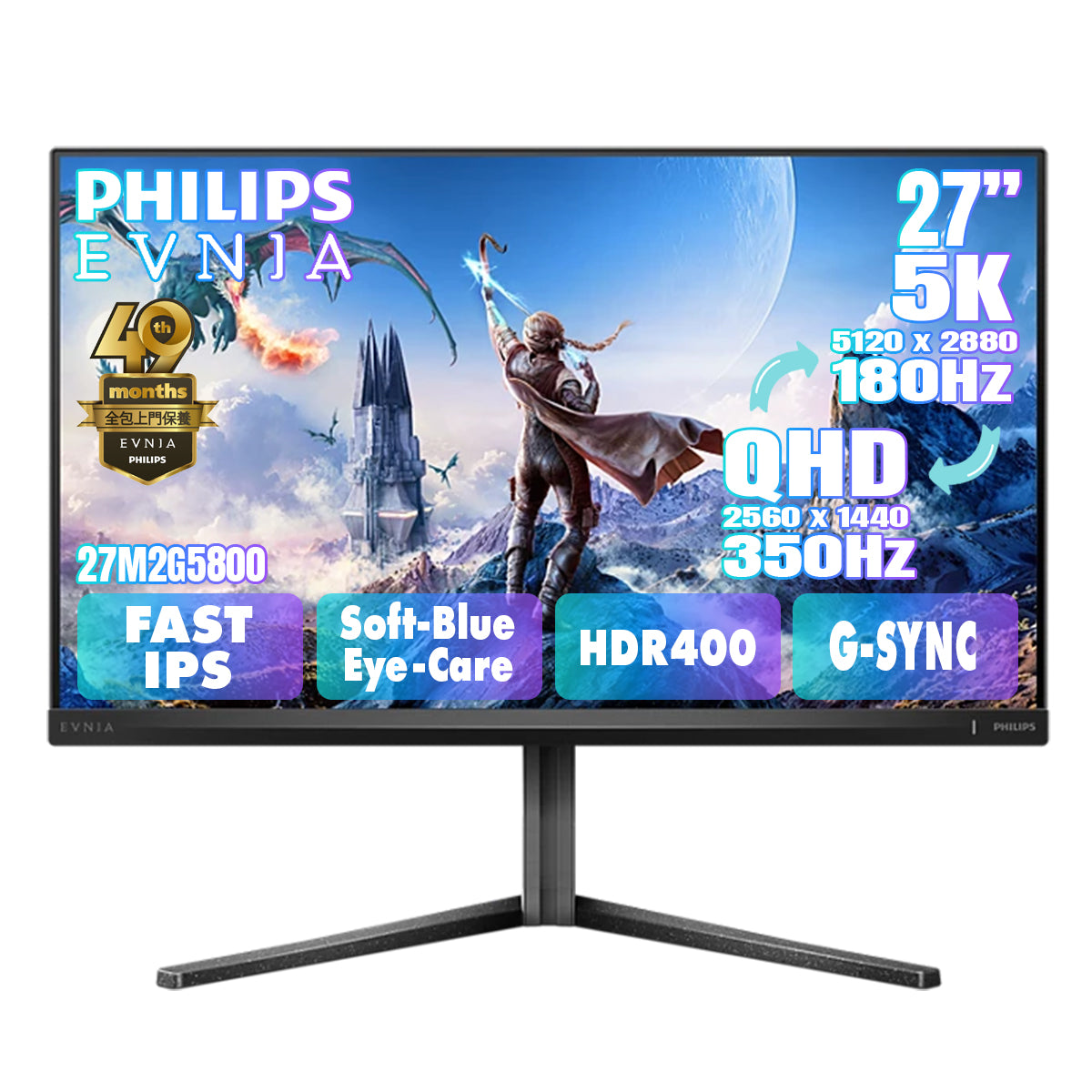 PHILIPS EVNIA 27" 5K UHD Fast IPS Dual-Mode (5K 180Hz ↔ QHD 350Hz) Gaming Monitor 27M2G5800