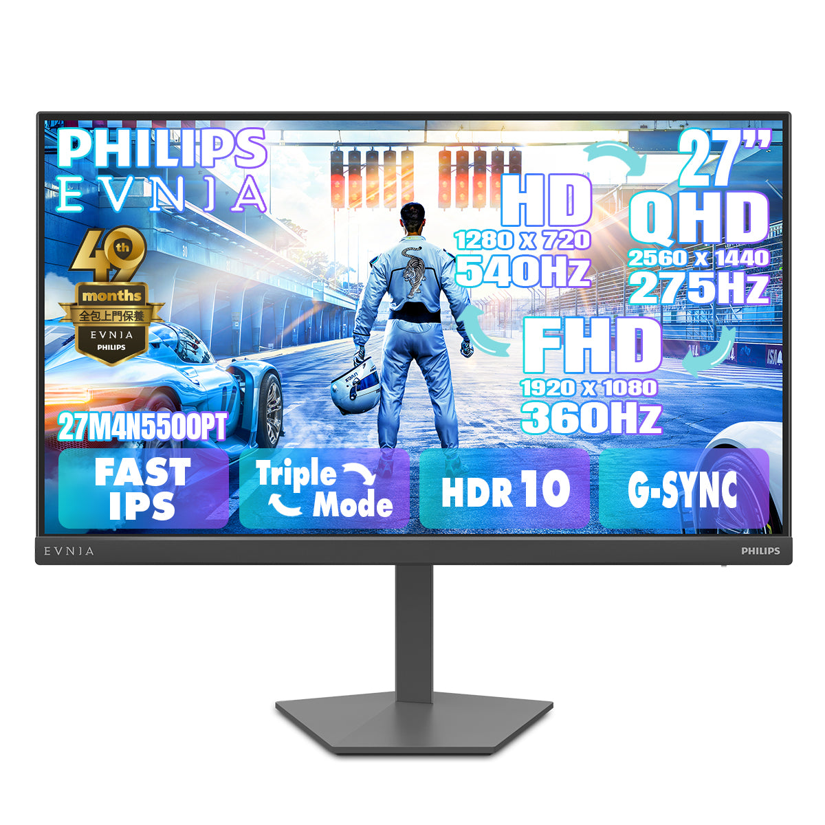 PHILIPS EVNIA 27" 2K QHD Fast IPS Triple-Mode (2K 275Hz ↔ FHD 360Hz ↔ HD 540Hz) Gaming Monitor 27M4N5500PT