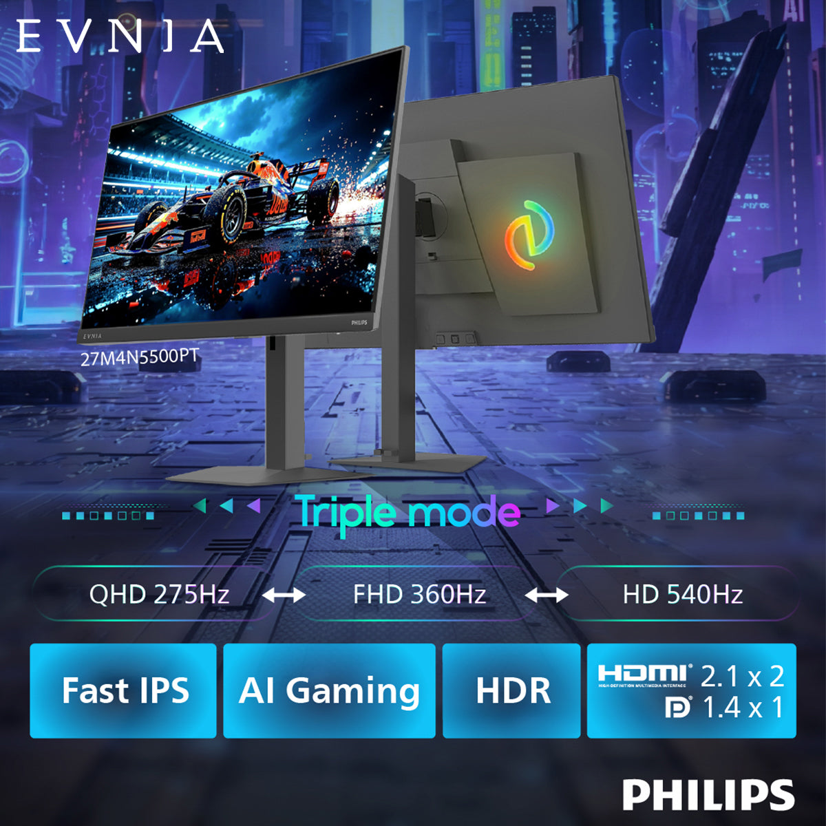 PHILIPS EVNIA 27" 2K QHD Fast IPS 三模式 (2K 275Hz ↔ FHD 360Hz ↔ HD 540Hz) 電競顯示器 27M4N5500PT