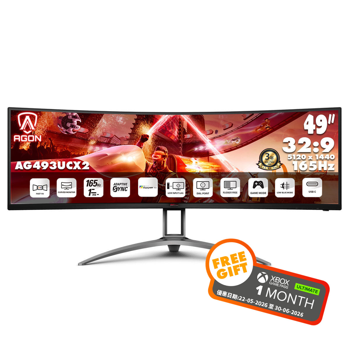 AOC AGON 49" 32:9 Dual QHD VA 165Hz Curved Gaming Monitor AG493UCX2