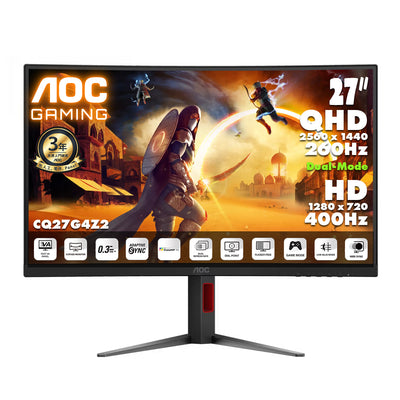 AOC 27" 2K QHD Fast VA 雙模式 (2K 260Hz ↔ HD 400Hz) 曲面電競顯示器 CQ27G4Z2