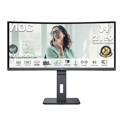 AOC 34" 21:9 UltraWide QHD VA 100Hz USB-C 65W 曲面商用顯示器 CU34P3CV